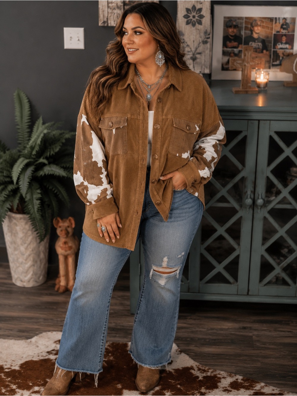 Corduroy Utility Jacket with White Cowprint Sleeves - Brown